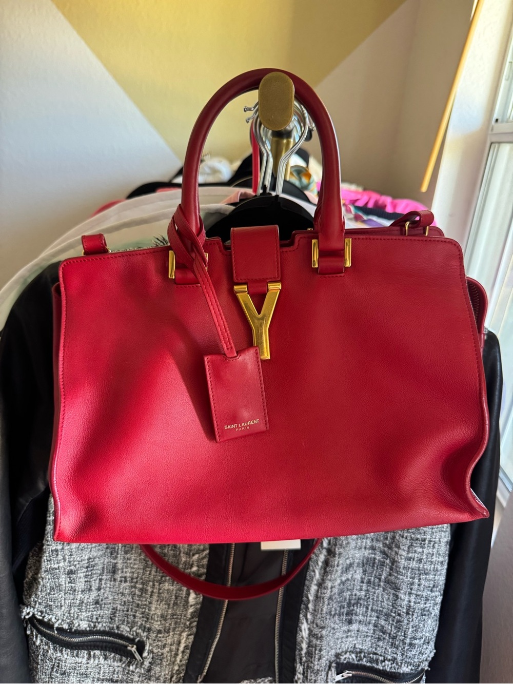 Auth Saint Laurent Red Leather Y-Front Satchel with Gold Hardware + COA + Dustba
